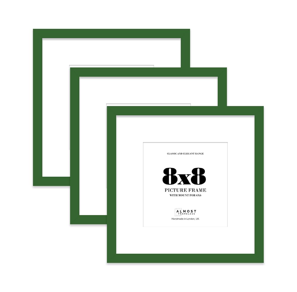 8x8 Green Picture Frame with Mount for 6x6 Photos, Prints - Modern Square Wall Frame, Set of 3