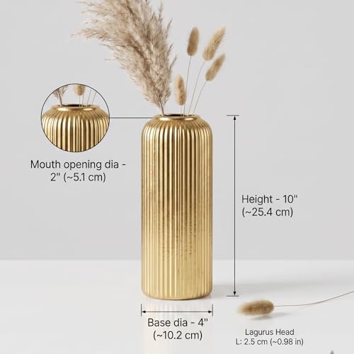 Image of KREATIVE ART'S Modern Ribbed Design Ceramic Flower Vase for Living Room, Flower Pots for Artificial Flower, Home Decoration Item, Home Decor, Vases for Living Room (Gold, Large)
