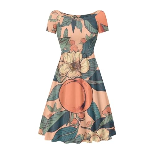 Fowototi Peach Floral Dress Loose Fit Short Sleeve Casual Summer