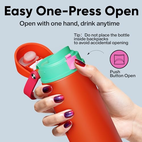 Image of Insulated Water Bottle with Straw - Encool Stainless Steel Water Bottle with Push Button Lid, Leak-Proof & BPA-Free, Keeps Cold for 24 Hours for Sports, Travel, Gym (24 oz, Grapefruit Red)