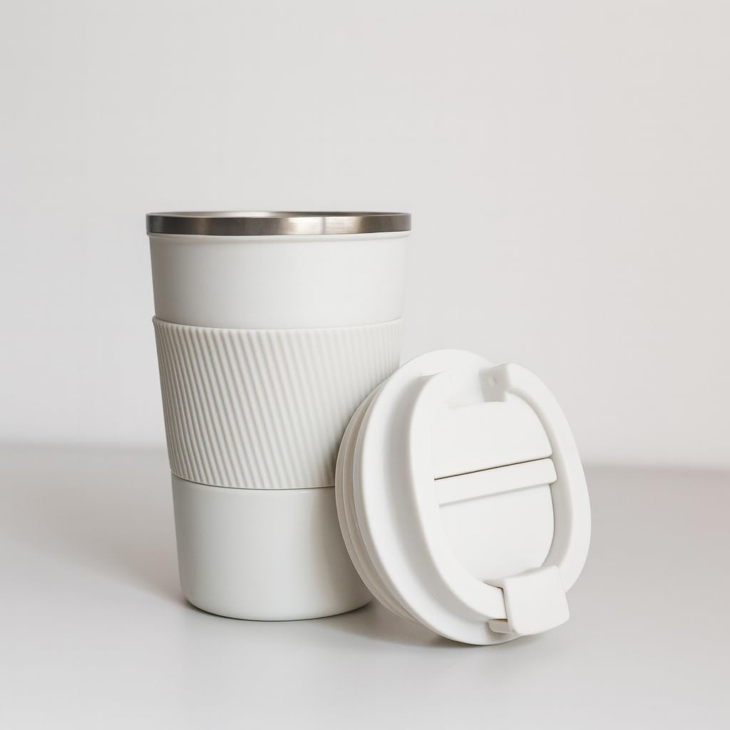 YELONA White 380 ML Insulated Stainless Steel Coffee Tea Tumbler for Hot Cold Beverages Portable Travel Mug Leak Proof Sipper Lock Lid Thermos Multipurpose for Home Office Gifts
