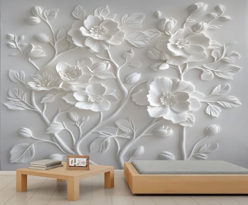 YEMYOR Papier peint mural à fleurs blanches en relief - Lumière européenne de luxe - Fleurs 3D en relief - Grandes fleurs en relief - Papier peint de fond pour canapé TV - Pour salon, chambre à