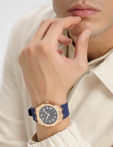 Image of GUESS Men's 42mm Watch - Blue Strap Blue Dial Rose Gold Tone Case, Blue, Classic