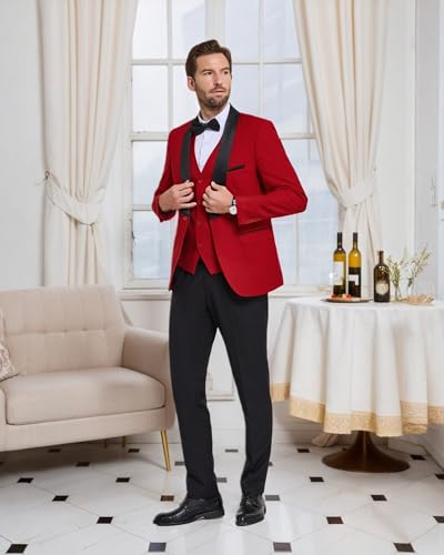 YND Men's 3 Piece Slim Fit Tuxedo Suit Set, One Button Shawl Lapel Solid Blazer, Jacket Vest Pants with Bow Tie2