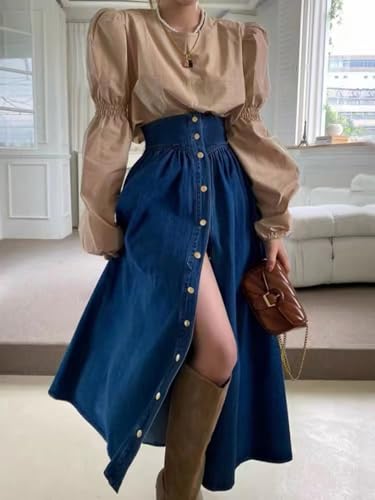 utcoco Women's High Waist Long Denim Skirt Button Down Swing A-Line Jean Maxi Skirt with Pockets3