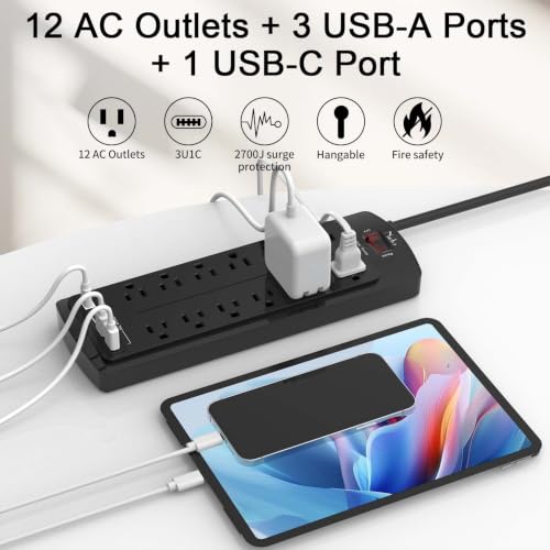 Image of Power Strip, Nuetsa Surge Protector with 12 Outlets and 4 USB Ports, 10 Feet Flat Plug Extension Cord for Home, Office, Dorm Essentials, 2700 Joules, ETL Listed, Black