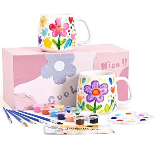 Maustic Mug Painting Kit Paint Your Own Mug Kit 2 Pcs Ceramic Mugs to Paint Mothers Day Fathers Day Valentines Day DIY Gift Kits Includes 2 Paintable Mugs 12 Oz Paints Brushes
