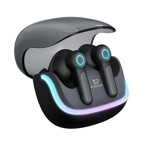 Image of Phonokart KIRA TWS Bluetooth V5.4 Earbuds with Quad Mic ENC, RGB LED Gaming Mode, 70H Playtime, Type-C Fast Charging, Touch Control Wireless Earbuds with 500mAh Battery (Black)