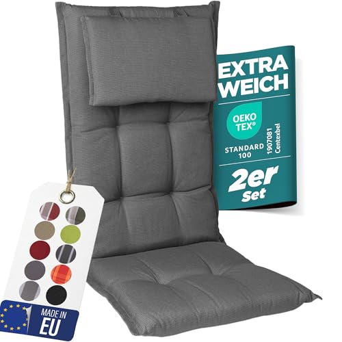 gardisun Gartenstuhlauflagen Hochlehner mit Kopfteil I Extra Dicke Sitzauflagen I Made in EU I Polsterauflagen für Hochlehner I Auflagen mit extra hoher Lichtechtheit I 2er Set I Grau