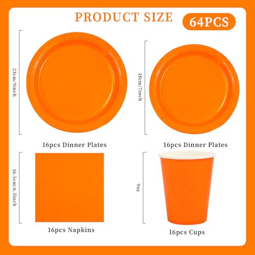 64 Stück Partygeschirr Set,Orange Geburtstag Party Papiergeschirr Geschirr Set Inklusive Teller Servietten Becher und Dessertteller Geeignet für Hochzeiten,Weihnachten,Kinder Geburtstagsparty-16 Gäste