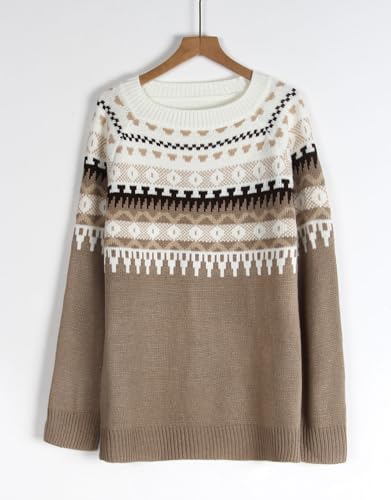 Image of Women's Fair Isle Sweater Crew Neck Long Sleeve Heart Sweater Vintage Tops