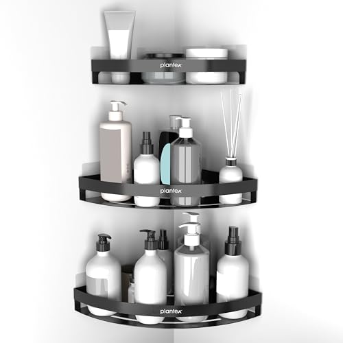 Image of Plantex Corner Shelf for Bathroom Wall /Self Adhesive Bathroom Shelf /Bathroom Corner Shelves self Adhesive /Bathroom Organiser Without Drill- Pack of 3 (Black)