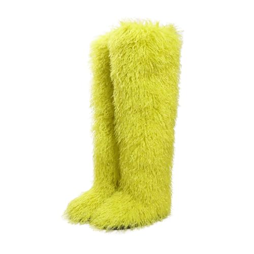 Image of Black Thigh High Fur Boots, Over the Knee Fluffy High Boots, Tall Furry shoes for Women
