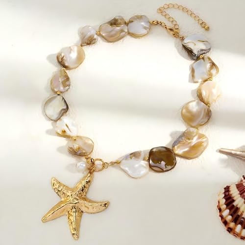 Seashell Starfish Pendent Necklace Cowrie Pearl Mermaid Irregular Chunky Necklace Summer Beach Jewelry for Women4