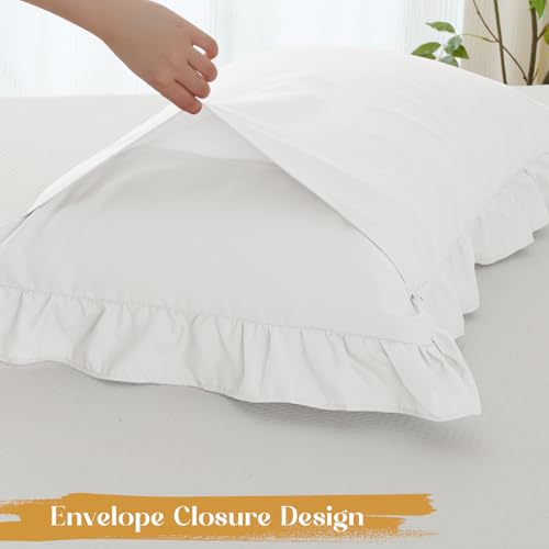 Image of Homiest 2-Pieces Ruffle Pillow Case & Fitted Sheet Set, White Twin Sheets with Ruffled Pillow Shams, 15 Inch Deep Pocket, Cute & Coquette Microfiber Bed Set for Decorating Bedroom Hotel