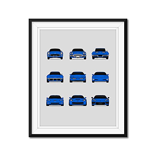 Chevy Corvette Car Poster Print Inspired Wall Art of History and Evolution of Chevrolet Corvette Generations (C1 C2 C3 C4 C5 C6 C7 C8) : Laguna Blue (Medium Blue), 8x10" Satin Print (Unframed)
