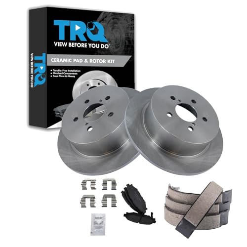 Image of TRQ Rear Ceramic Brake Pad and Rotor Set Compatible with 05-09 Subaru Outback with Parking Shoes, 06-09 Subaru Legacy 2.5i Parking Shoes, 09 Legacy 3.0 R