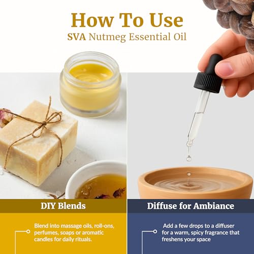 Image of SVA Nutmeg Essential Oil 1 /3 Fl Oz - for Diffuser, Skin & Hair Care - Ideal for Massage & DIY Blends - with Dropper