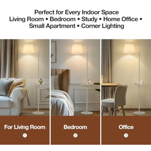 Image of AIDENOEY Fully Dimmable Floor Lamp for Living Room,Standing Lamp Rotary Switch with Table&Linen Beige Shade, White Tall Lamps for Bedroom with Adjust Head,9W LED Bulb Included