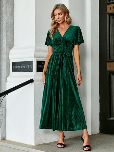 Image of Simplee Women's V Neck Velvet Maxi Dress Short Sleeve Empire Waist Long Formal Dress for Wedding Guest