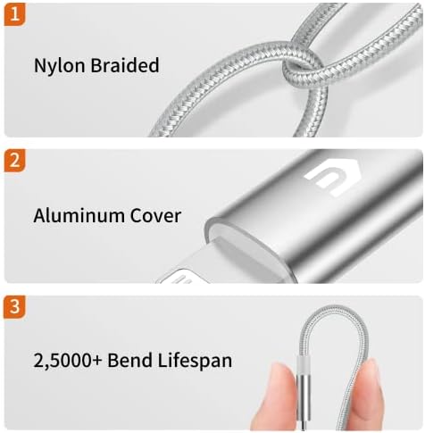 UNBREAKcable iPhone Charger Cable [Upgraded C89 Apple MFi Certified]Nylon Braided Apple Charger USB Fast Charging Lightning Cable for iPhone 11 Pro Xs Max XR X 8 7 6s 6 SE 5 5s iPad iPod-3.3ft, Silver