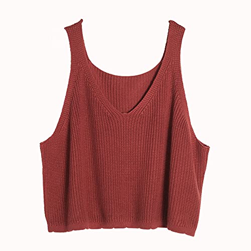 Preisvergleich Produktbild Sweater Pullunder,Damen Strickpullover Weste Lässig Einfarbig Baumwolle Rippstrick V-Ausschnitt Herbst Lose Ärmellose Pullover Gilets Pullover Stricken Tank Top Cami Weste Bluse,Rot