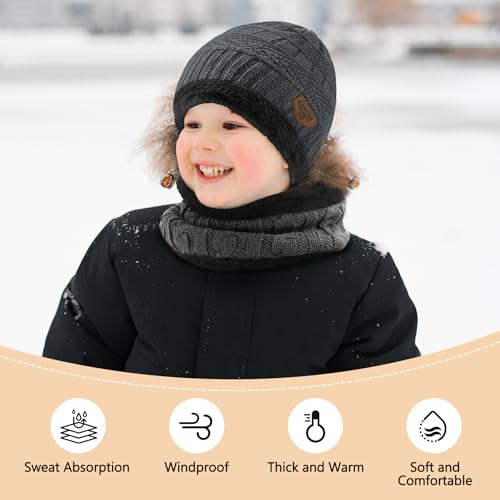Image of Zando 2Pcs Kids Winter Hat & Scarf Set - Knitted Beanie Winter Hats for Boys & Girls, Ages 5-14, Navy Blue