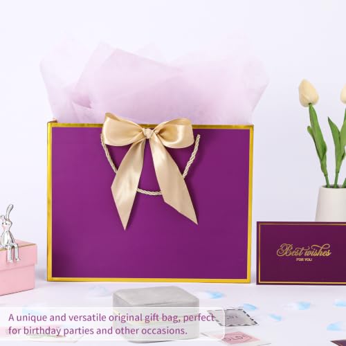 Image of Powbrace 13 inch Medium Purple Gift Bag Set with Handle - 2 Bags Featuring Bows, 4 Tissues, and 2 Greeting Cards for Wedding, Baby Shower, Father's Day, Mother's Day, Birthday Party