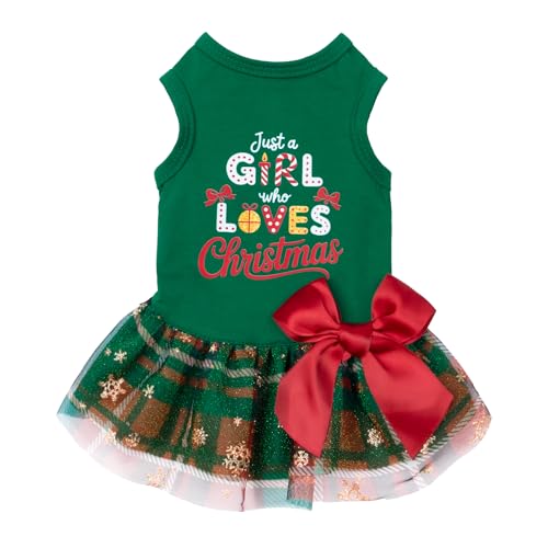 Fitwarm Just a Girl Who Loves Christmas Dog Tulle Dress, Funny Christmas Clothes for Small Dogs Girl, Holiday Pet Outfit, Red, White, Green, Yellow, XS