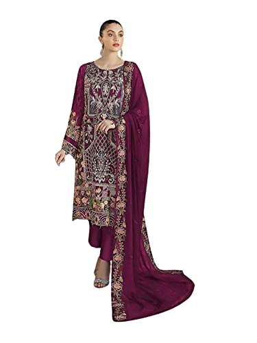 Kameez salwar femme brodé robe pakistanaise violette de fête en soie et coton 38