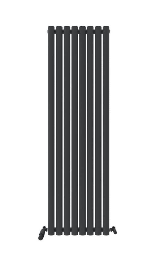 iBathUK Strata Wall Mounted Vertical Single Oval Panel Radiator, 8-Column Steel, Hydronic Central Heating, High Thermal Output, Modern Designer Radiator for Bathroom in Matt Anthracite, 1600 × 472mm