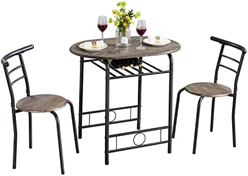 Yaheetech 3 Piece Dining Table & Chairs Set, Compact Dining Room Set with Storage Shelf and Wine Rack, Modern Design Breakfast Table for Kitchen/Apartments/Dorm Room, Drift Brown, 80x53x75.5cm