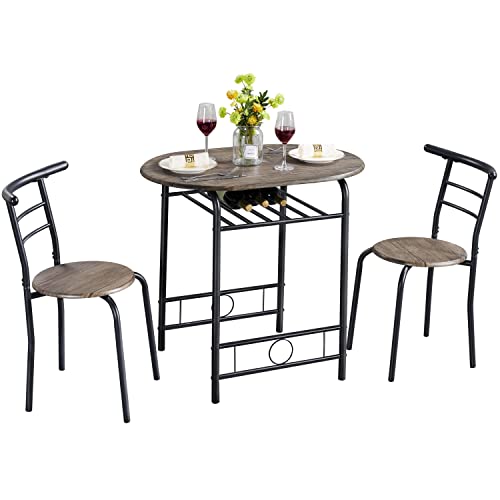 Yaheetech 3 Piece Dining Table & Chairs Set, Compact Dining Room Set with Storage Shelf and Wine Rack, Modern Breakfast Bar Table Set for Kitchen/Apartments/Small Space, Drift Brown, 80x53x75.5cm