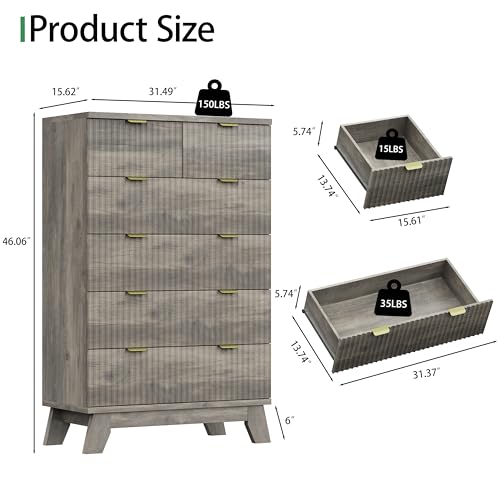 Image of Xixini Fluted Dresser for Bedroom with 6 Drawers, 46 inch Tall Modern Chest of Drawers with Metal Handle, Wooden Dresser TV Stand, Wood Closet Clothes Storage Organizer for Living Room, Hallway, Grey