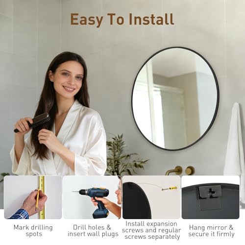 Image of NEWBULIG 20 Inch Round Wall Mirror, Bathroom Mirrors for Over Sink, Matte Metal Framed Circle Vanity Mirror, Wall Decor for Bedroom, Entryway, Anti-Rust, Tempered Glass, Hanging or Leaning, Black