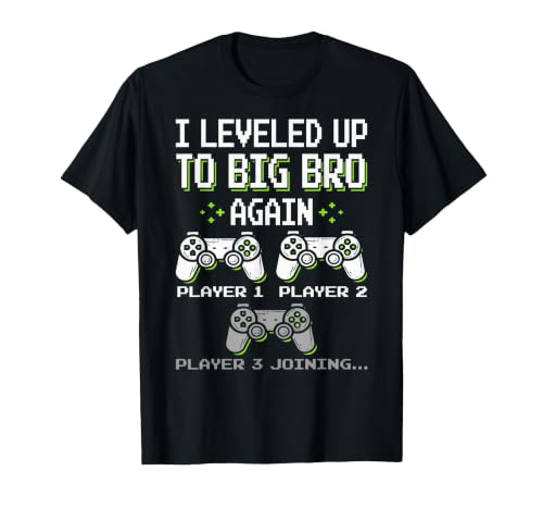 I Leveled Up to Big Bro Again Brother Gamer Funny Video Game T-Shirt, Men, Black, XX-Large