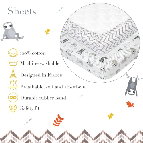 My Little Zone Baby Crib Fitted Sheets Sloth And Chevron Prints - Cotton Crib Sheets For Boys And Girls - Gender Neutral (Grey - White), 2 Pack #TOP2