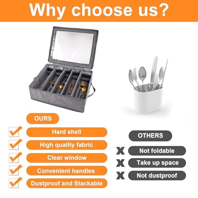 Flatware Utensil Storage Case With Adjustable Dividers,5 Compartments Zipper Flatware Storage Case, Silverware Storages Cases With Handles And Organizes Cutlery Stackable