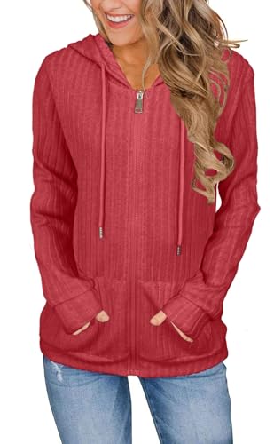 JomeDesign Womens Sweaters Trendy 2026 Zip Up Sweatshirt Long Sleeve Red