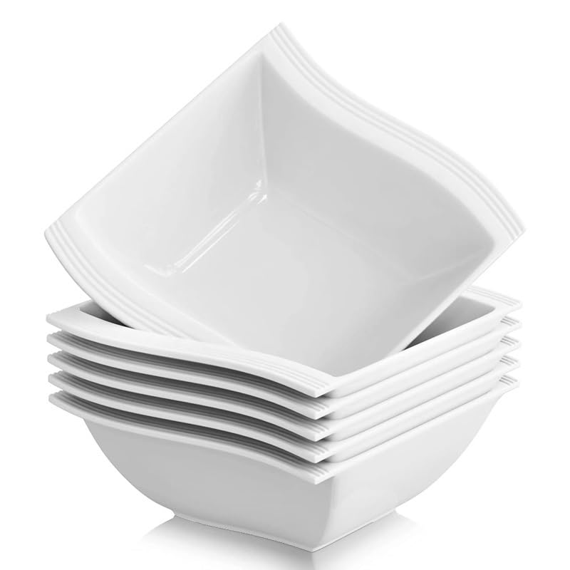 Talerz obiadowy 6 kwadratowych misek z białej porcelany na zupę, płatki owsiane, kolację, śniadanie, zastawa stołowa do sałatki