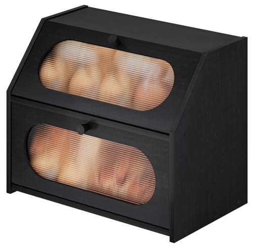 Vriccc Black Large Bread Box for Kitchen Counter, Large Bamboo Wood Double Layer Bread Box, Wooden Bread Storage Capacity