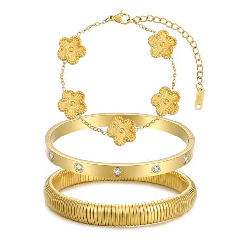 Stackable Four Leaf Clover Bracelets for Women, 18K Gold Plated Love Bangle Bracelets Set, 3 Pcs Chunky Jewelry Gifts