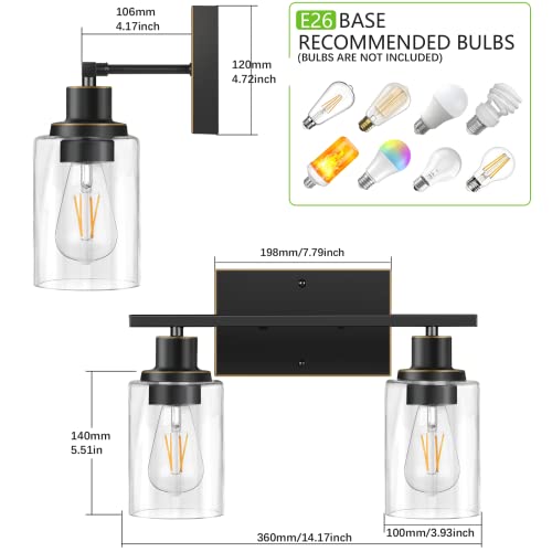 Shinetech 2-Light Bathroom Vanity Light Fixtures, Sconce Wall Lighting With Clear Glass Shade, Modern Wall Lights For Bathroom, Wall Lamp For Mirror Kitchen Bedroom Living Room, Black And Gold #TOP1