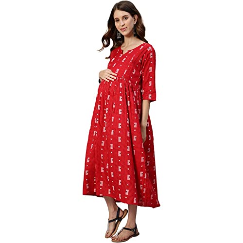 Image of anubhutee Women's Red Geometric Printed Maternity Flared Midi Dress