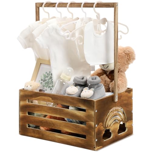 Image of Yerliker Wooden Baby Shower Crate Closet Baby Shower Gifts Basket Storage Crate Hamper with Handle Personalized Basket for Newborn Boys Girls Pregnancy Gifts(Dark Walnut,Cloudy, Rainbow)