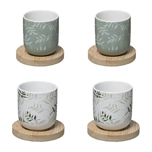Secret de gourmet Coffret 8 pièces : 4 Tasses en Faïence Green et 4 sous Tasses en Bambou