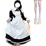 [AOTYP] メイド服 ロング コスプレ衣装 メイド イギリス風 フリル クラシカル 黒 ブラック 4点セット エプロン カチューシャ コスチューム ハロウィン レディース メンズ 可愛い ロリータ 制服 ブラックL