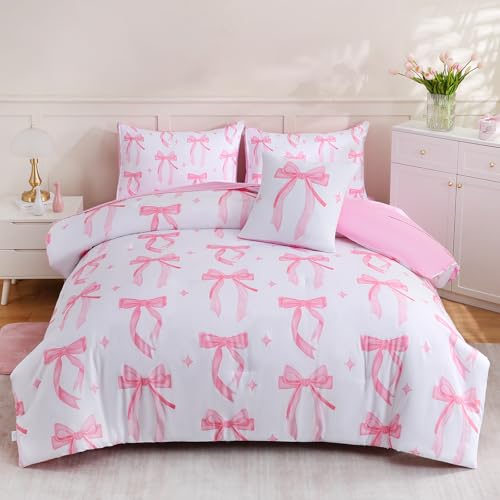 Image of DORCAS Bow Full Size Comforter Set for Girls,6 Pieces Bed in A Bag Pink Bow Bedding Sets with Sheets for Kids