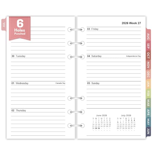 Forvencer 2026 Weekly & Monthly Planner Refills for A6 6-Ring Binders July 2026 - Jun 2027 6-Hole Punched Planner Inserts with Colorful Monthly Tabs Pocket Calendar Organizers 3-3/4 x 6-3/4