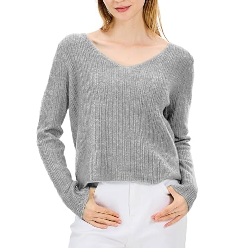 Image of Simple&Opulence Women's Long Sleeve V-Neck Sweater Off-Shoulder Light Cropped Sweaters for Women Wool Sweater S-XL